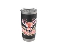 Faon de cerf avec fleurs - Décoration rose - Jolie illustration de chevreuil Gobelet isotherme en acier inoxydable double paroi