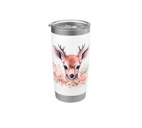 Faon de cerf avec fleurs - Décoration rose - Jolie illustration de chevreuil Gobelet isotherme en acier inoxydable double paroi