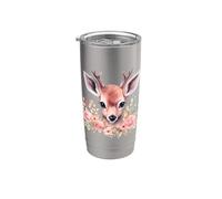Faon de cerf avec fleurs - Décoration rose - Jolie illustration de chevreuil Gobelet isotherme en acier inoxydable double paroi