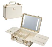 Faquenc Trousse de maquillage éclairée avec plateau amovible, boîte de maquillage en cuir végétalien beige, miroir LED rechargeable 3 couleurs, étui de voyage en train de voyage, organisateur de
