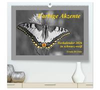 Farbige Akzente - Tierkalender 2026 in schwarz-weiß (hochwertiger Premium Wandkalender 2026 DIN A2 quer), Kunstdruck in Hochglanz: Tierischer in schwarz-weiß Kalender mit farblichen Akzenten