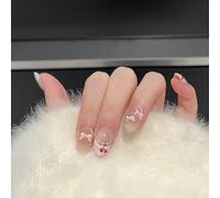 Farcauo Faux ongles à coller faits main, 10 pièces, effet dégradé nude avec nœud 3D et cerise, faux ongles réutilisables à coller pour femmes (S)