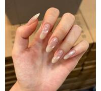 Farcauo Faux ongles à coller faits main, 10 pièces, faux ongles French Ombré nude avec nœud rose et étoile argentée, faux ongles brillants réutilisables pour femmes, kit de manucure à coller (M)