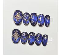 Farcauo Faux ongles à coller faits main, 10 pièces, faux ongles œil de chat bleus avec motif lune-étoile et strass, faux ongles réutilisables pour femmes (M)