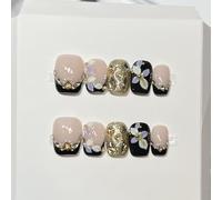 Farcauo Faux ongles à coller faits main, 10 pièces, faux ongles noirs à pointe française avec fleurs en 3D et strass dorés, faux ongles réutilisables pour femmes (S)