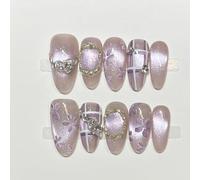 Farcauo Faux ongles à coller faits main, 10 pièces, faux ongles roses œil de chat avec motif à fleurs et à carreaux et strass, faux ongles réutilisables pour femmes (M)