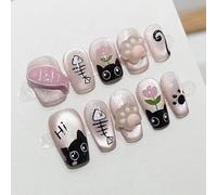 Farcauo Faux ongles à coller faits main, 10 pièces, motif patte de chat 3D, faux ongles roses brillants réutilisables avec motif arête de poisson, kit de manucure à coller pour femmes (L)