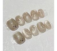 Farcauo Faux ongles à coller faits main, 10 pièces, nude, motif œil de chat, avec motif oursons mignons, brillants, pour femmes (S)