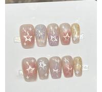 Farcauo Faux ongles à coller faits main, 10 pièces, style œil de chat dégradé pailleté avec motif étoilé, faux ongles brillants pour femmes (S)