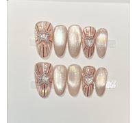 Farcauo Faux ongles à coller faits main, 10 pièces, style œil de chat nude avec cœur étoilé et strass, faux ongles réutilisables pour femmes (M)