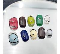 Farcauo Faux ongles à coller faits main, lot de 10, avec motif de monstres mignons de dessins animés, faux ongles colorés et brillants pour femmes (L)