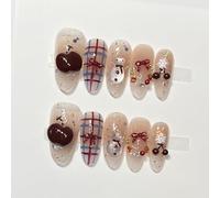 Farcauo Faux ongles à coller faits main, lot de 10, bonhomme de neige de Noël avec cerise 3D et nœud à carreaux, faux ongles réutilisables pour femmes (S)