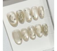 Farcauo Faux ongles à coller faits main, lot de 10, faux ongles œil de chat dorés avec motif étoile et lune, faux ongles brillants pour femmes (S)