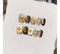 Farcauo Faux ongles à coller faits main, lot de 10 faux ongles œil de chat marron doré avec motif métallique en 3D, faux ongles brillants à paillettes pour femmes (M)