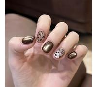 Farcauo Faux ongles à coller faits main, lot de 10, motif œil de chat marron avec imprimé léopard, faux ongles brillants pour femmes (L)