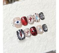 Farcauo Faux ongles à coller faits main, lot de 10, rouge gothique et noir, motif œil de chat, avec motif croix et étoile, faux ongles brillants pour femmes (M)