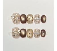 Farcauo Faux ongles à coller faits main, lot de 10, style œil de chat marron avec nœud, perles et motif à pois, faux ongles brillants pour femmes (L)