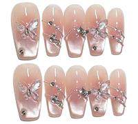 Farcauo Lot de 10 faux ongles à coller faits à la main, œil de chat rose avec papillons 3D et chaînes en strass, faux ongles brillants pour femme (M)