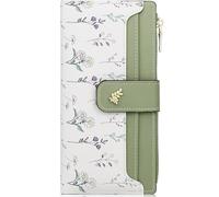 Farcauo Portefeuille pour Femmes RFID Porte-Monnaie Moyen-Grand avec Motif Floral Vert Portefeuille avec Compartiment Documents et Pochettes pour Cartes