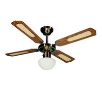 FARELEK - BALI Ø 107 cm - Ventilateur de plafond réversible Laiton Antique, 4 pales noyées / cannées noyer + éclairage