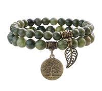 Farfume Bracelet En Pierre Naturelle - Bracelet Perles Naturelles Femme-Ensemble De Deux Bracelets Avec Accessoires Arbre De Vie Et Feuille(Moyen Jade de Taïwan)