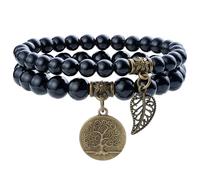 Farfume Bracelet En Pierre Naturelle - Bracelet Perles Naturelles Femme-Ensemble De Deux Bracelets Avec Accessoires Arbre De Vie Et Feuille(Moyen Obsidienne noire)