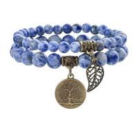 Farfume Bracelet En Pierre Naturelle - Bracelet Perles Naturelles Femme-Ensemble De Deux Bracelets Avec Accessoires Arbre De Vie Et Feuille(Moyen Jaspe à taches bleues)