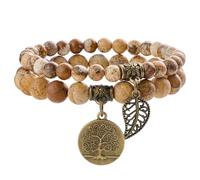 Farfume Bracelet En Pierre Naturelle - Bracelet Perles Naturelles Femme-Ensemble De Deux Bracelets Avec Accessoires Arbre De Vie Et Feuille(Moyen Jaspe picturé)