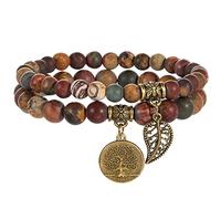 Farfume Chakra Bracelet En Pierre Naturelle - Bracelet Perles Naturelles Femme-Ensemble De Deux Bracelets Avec Accessoires Arbre De Vie Et Feuille