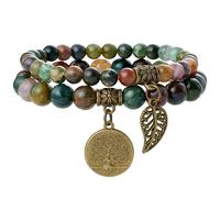 Farfume Chakra Bracelets pour femmes - Bracelet de cristaux pour femmes pierres naturelles Yoga Reiki- Un set de bracelets doubles(India Agate & LifeTree(Moyen)