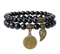 Farfume Chakra Bracelets pour femmes - Bracelet de cristaux pour femmes pierres naturelles Yoga Reiki- Jeu de bracelets doubles(Tourmaline noire & Arbre de vie(Moyen)