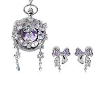 FARIDRUN Butterfly Pocket Watch Pendant, Silver, Internal Rotating Specimen, with Roman Numerals, Unique Vintage Insect Jewelry Gift, Women's Pendant (with a Pair of Earrings)(Purple5)