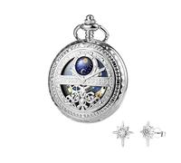 FARIDRUN Ensemble de boucles d'oreilles unisexe avec montre de poche mécanique, recréant le romantisme médiéval (argent), Argenté 2, One Size