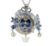 FARIDRUN Pendentif montre de poche papillon, argent spécimen rotatif interne, avec chiffres romains, cadeau vintage unique pour femme, Bleu 2, One Size, Rétro