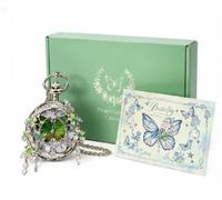 FARIDRUN Pendentif montre de poche papillon, argent spécimen rotatif interne, avec chiffres romains, cadeau vintage unique pour femme, Vert 1, One Size