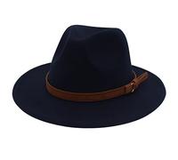 Faringoto Fedora Chapeau vintage en feutre de laine pour femme Unisexe Large bord, bleu marine, M