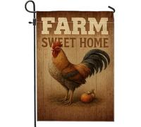 Farm Sweet Home Drapeau de jardin en forme de coq, bannière décorative rustique marron, double face en toile de jute pour décoration de pelouse pour célébration de la récolte d'automne, 30,5 x 45,7 cm