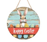 Farmhouse Bunny Wall Sign - Happy Easter Bunny Door Sign | Spring Bunny Door Decor | Rustique Farmhouse Welcome Decor For Front Door, Porch and Yard - Festive Wooden Rabbit Wall Hanging