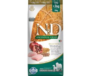 FARMINA N&D Ancestral Selection Dog chicken and pomegranate Adult Medium & Maxi 15 kg + 3 x FARMINA N&D Tropical Selection Dental Treat Pork Medium/Maxi 100 g GRATIS!
