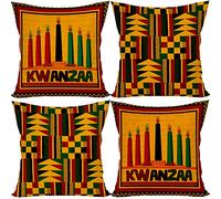 FARMNALL Linen Kwanzaa Lot de 4 housses de coussin décoratives Kinara 45,7 x 45,7 cm Motif tribal vintage moderne et fournitures pour la maison et le bureau 33 x 183 cm