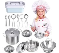 Farnirvana 17 Pièces Accessoire Cuisine Enfant, Ensemble de Cuisine pour Enfant, Ustensile Jouet en Acier Inoxydable Bois pour Enfants, pour Garçons et Filles 3-6 Ans