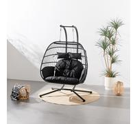 CONCEPT USINE | Fauteuil Suspendu 2 Places | FARO Noir | Résine Aspect Rotin | Structure en Acier Robuste | Grand Coussin Déhoussable | Hamac Balançoire 2 Personnes sur Pied Terrasse Jardin Patio