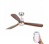 Faro Lantau Grand ventilateur de plafond à 3 pales en nickel satiné et noyer avec éclairage 3 000 K et système Wiz Smart