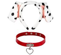 Faroby 2 pièces/Ensemble Oreilles de Dalmatien Bandeau et Tour de Cou en Cuir Oreilles Chien Moelleux Collier réglable Pendentif Coeur pour Cosplay