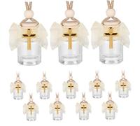 Faroby Eau bénite, 12 bouteilles d'eau bénite catholiques en vrac, mini bouteilles en verre blanc de 8 ml avec bouchon en bois, croix dorée et ruban pour souvenirs de baptême