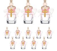 Faroby Eau bénite, bouteilles en verre d'eau bénite catholique en vrac, 12 mini bouteilles avec bouchon en bois et croix dorée, ensemble de souvenirs de baptême avec corde suspension réglable