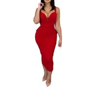 FaroLy Robe Élégante à col en V Pour Femmes Robes Longues Formelles Sans Manches et Unies Robe de Soirée Cocktail Mince et Extensible (Color : Red, Size : XL)