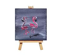 Farouk - Mini tableau de décoration murale peint à la main, toile sur châssis, avec petit chevalet - motif à choisir (...) - 10x10x1,4 cm. (2 Flamants roses fond gris)