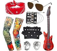 Fartoni Déguisement Rock Punk Années 80 Adulte - Kit 11 Accessoires Rock’n Roll avec Guitare Gonflable, Lunettes, Bandana, Bracelets et Tatouages - Costume Carnaval et Soirées à Thème