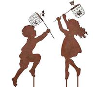 Faruxue Sculpture de jardin vintage en métal, 1 paire de piquets décoratifs en métal pour jardin, décoration de jardin en plein air, silhouette de garçon et fille, piquets d'art de cour